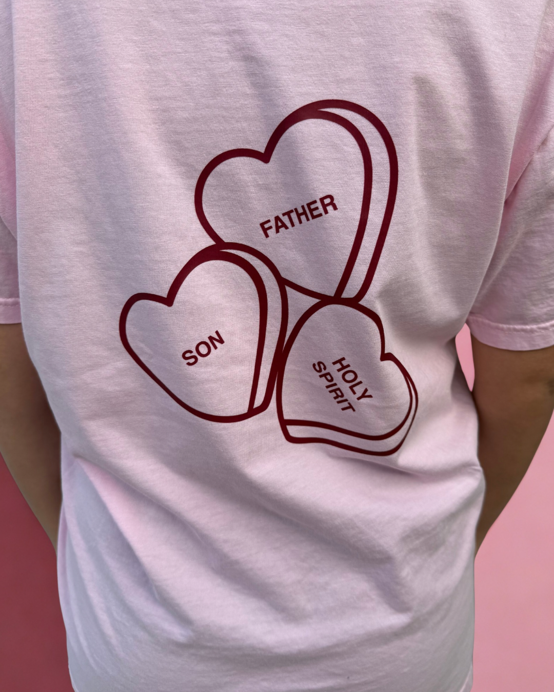 Pink Father, Son, and Holy Spirit Candy Hearts T-shirt